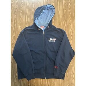 VTG ROOTS USA 2002 Olympic Team Zip Hoodie Men L Navy Blue Salt Lake City-4428